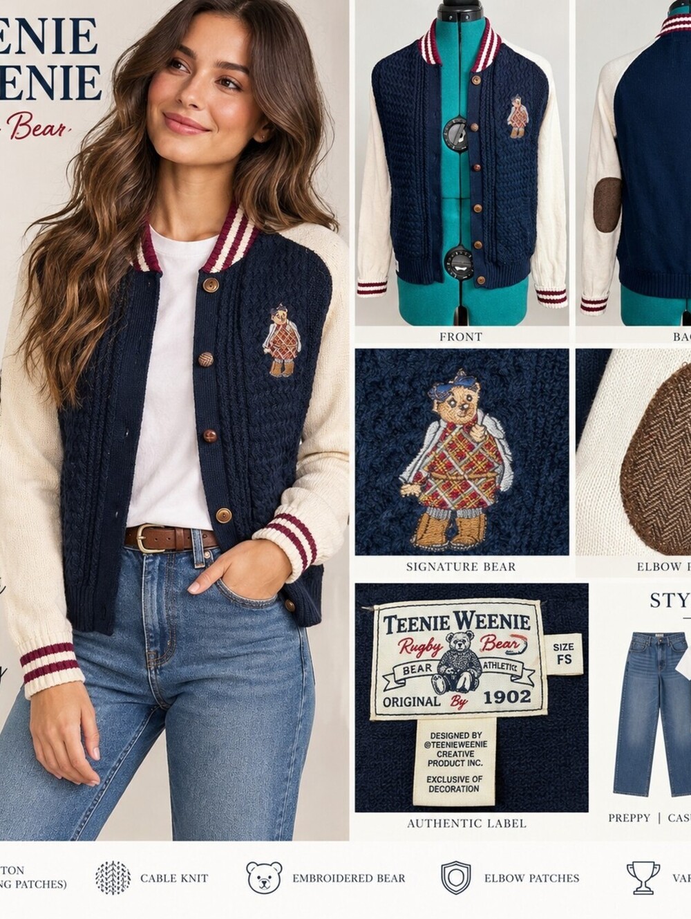 Teenie Weenie Rugby Bear Navy Cream Varsity Cardigan FS 160/84A Cotton Preppy